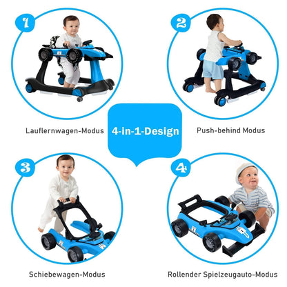 COSTWAY 4 in 1 walking aid, foldable walking cart with adjustable height & speed, car-shaped baby walker with music box, light & wheels, walker for babies from 6 months, load capacity 12kg (blue)