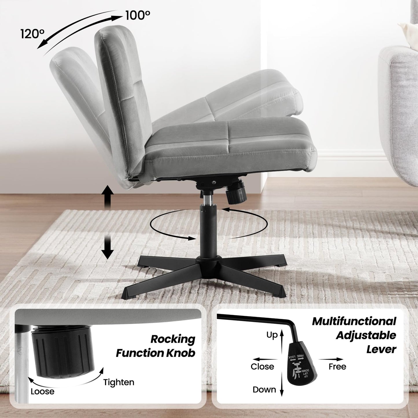 WOLTU Office Chair without armrests, height adjustable swivel chair without casters, desk chair with velvet cover, reading chair with wide seat, rocking function, 150 kg load capacity, Dark Grey, BS158dgr