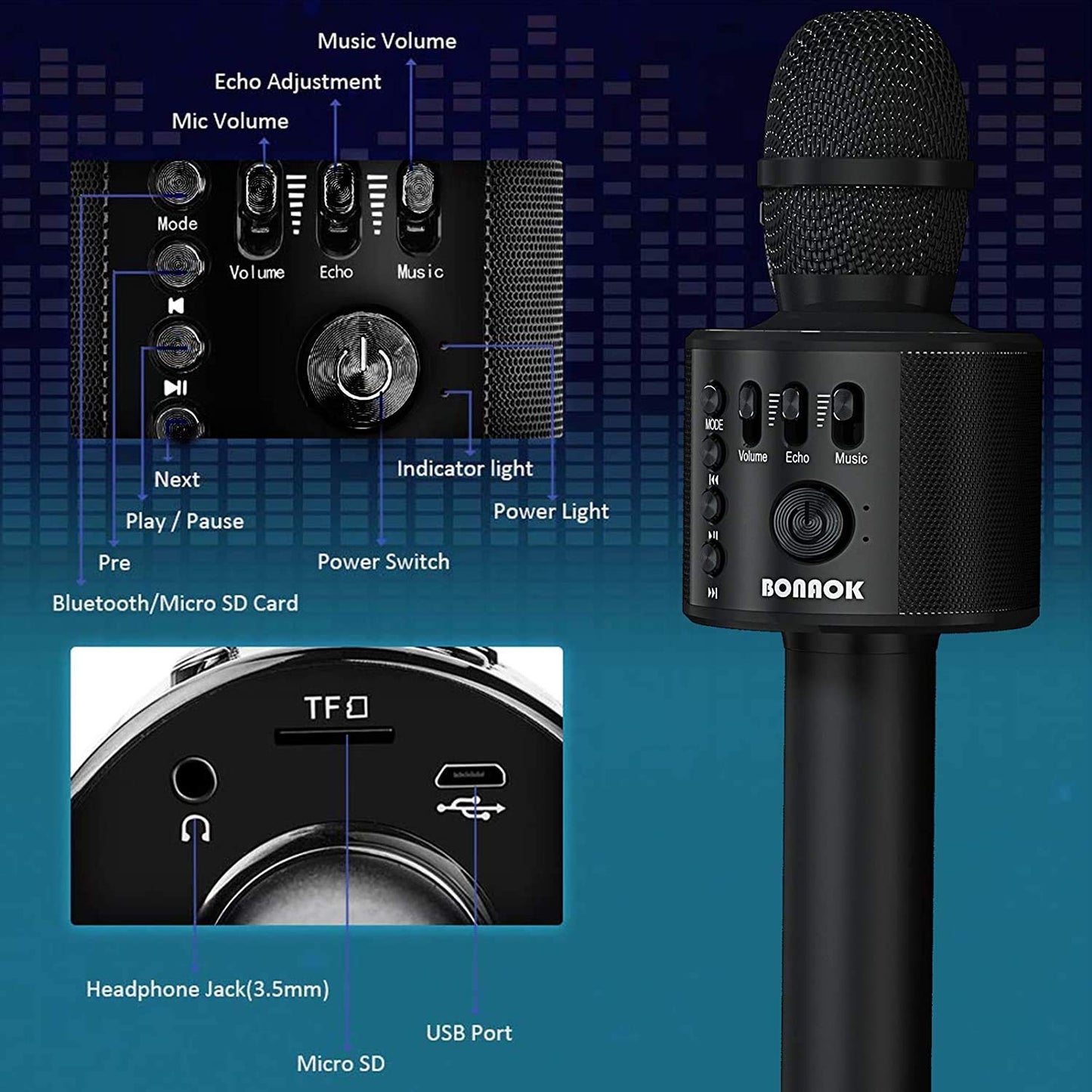 BONAOK Bluetooth Karaoke Microphone for Adults, Portable 3 in 1 Karaoke Mic, Handheld Home Birthday Gift Karaoke Microphone for iPhone, for Android, for PC, for Smartphone (Black)