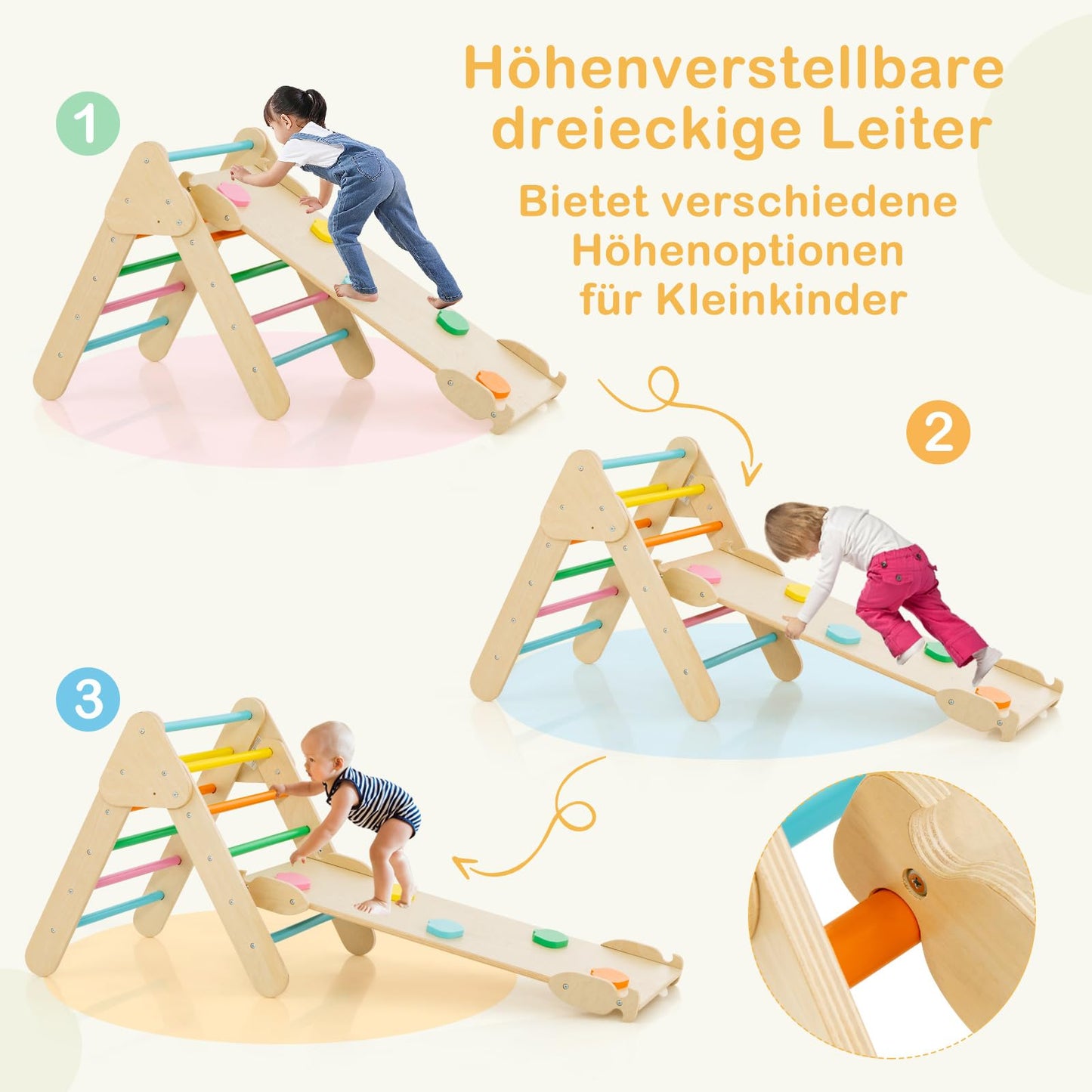 COSTWAY Climbing Triangle with Slide, Climbing Arch, including double-sided ramp, for climbing, sliding, and rocking, 4 in 1 indoor climbing frame for ages 1 and up (Multicolor)