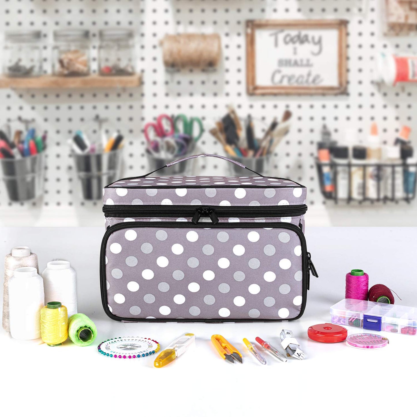 Luxja Sewing Accessories Bag, Sewing Kit Storage Bag, Yarn Bag for Wool, Sewing Tool Tote for Beginners, Travelers, Sewing Classes, Gray Dot