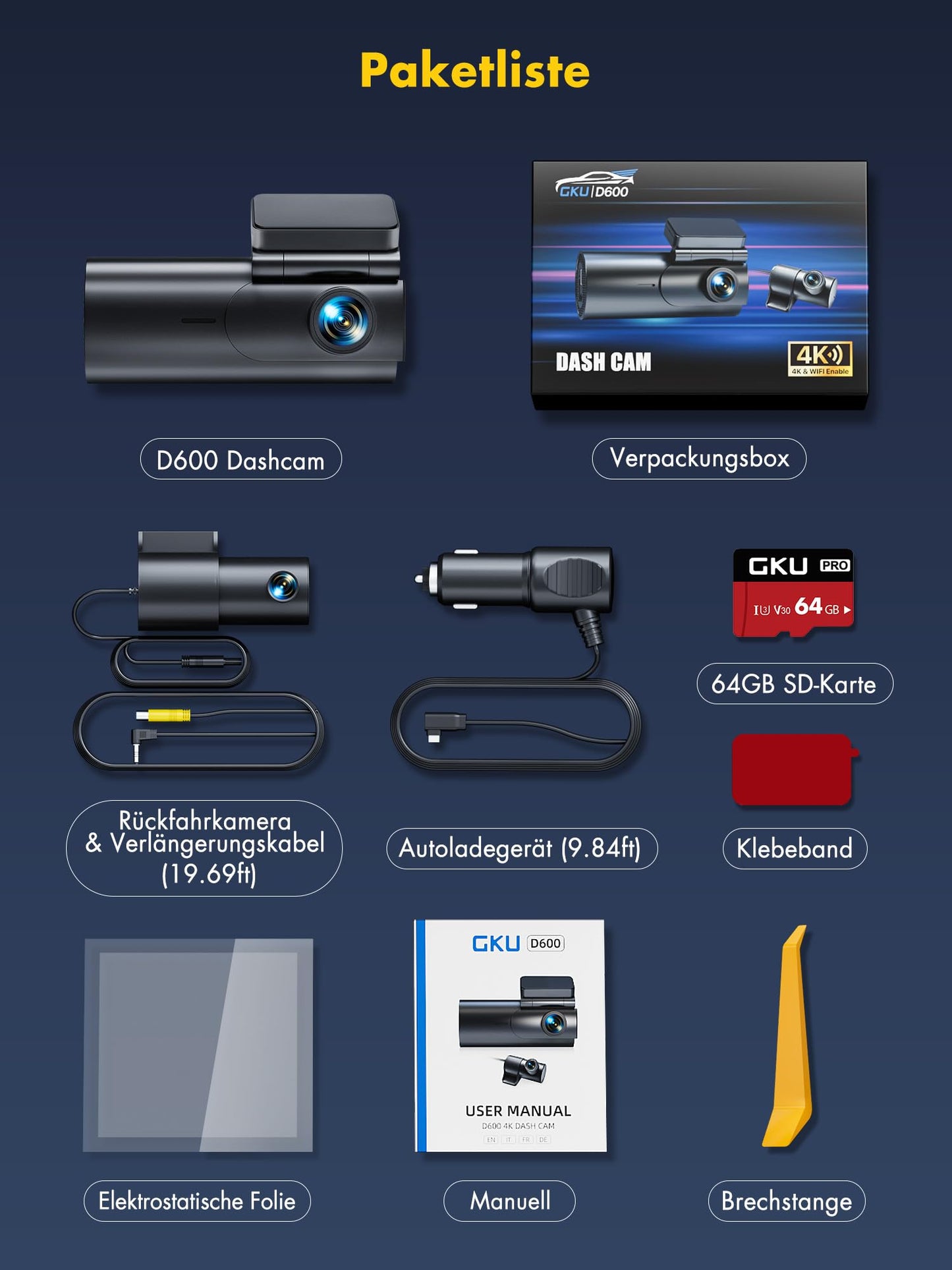 4K+1080P front and rear dash cam with 5GHz WiFi, 64GB SD card, parking monitoring, super night vision, WDR, 170° wide angle, G-sensor, loop recording, APP control, supports up to 256GB.
