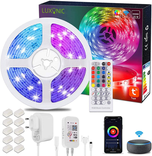 WiFi LED Strip 20M/65.6Ft, LUXONIC Smart RGB Strips Color Changing, APP Controlled Music Sync, Compatible with Google Assistant, Alexa, Ultra-long LED Light for Room Home Decoration
