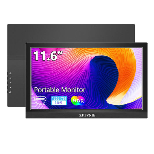 ZFTVNIE 11.6" Portable Monitor 1366*768P HD External Monitor portable screen for Laptop/PCs/PS4/PS5/Switch, with built-in stand/speaker/HDMI/Type-C connection.