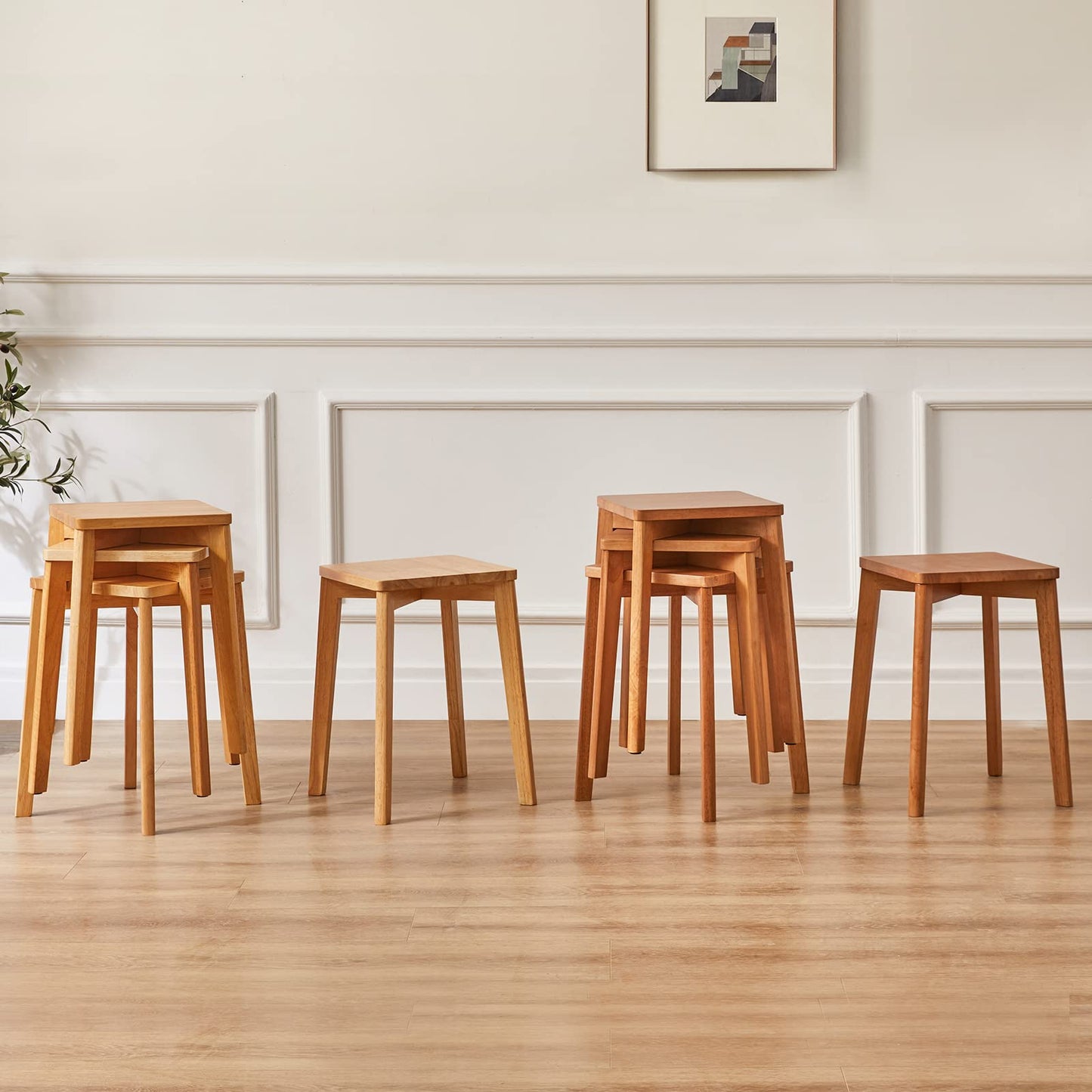 IBUYKE 4-piece dining stool set, wooden stacking chair with non-slip mat, stackable stool for classroom, your kitchen, dining or home pub area, wood color, RF-1501-4