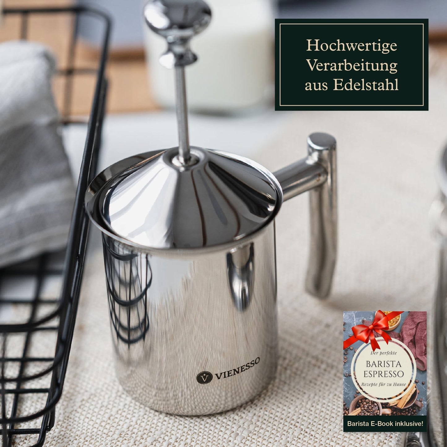VIENESSO Hand Milk Frother manually made of stainless steel with double mesh sieve I milk frother for creamy milk foam for coffee specialties, Milk Frother including Barista E-Book (400 ml)