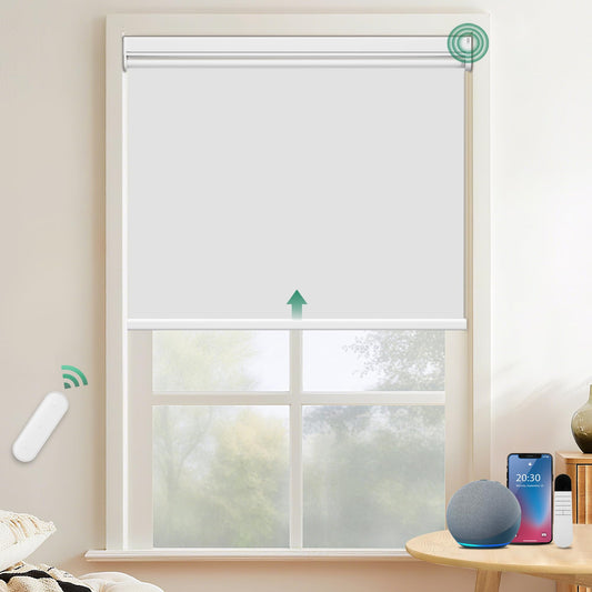 All in Electric Roller Blinds with Remote Control, White Blackout Blind, W120 x H130 cm white, Clamp Holder Without Drilling & With Drilling, Window Blind Inside 100% Sun Protection.