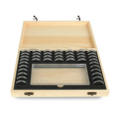 Wooden coin capsule holder, coin storage box, coin collection holder with lock, coin collector organizer, container, coin display for 40 coins and 100 banknotes.