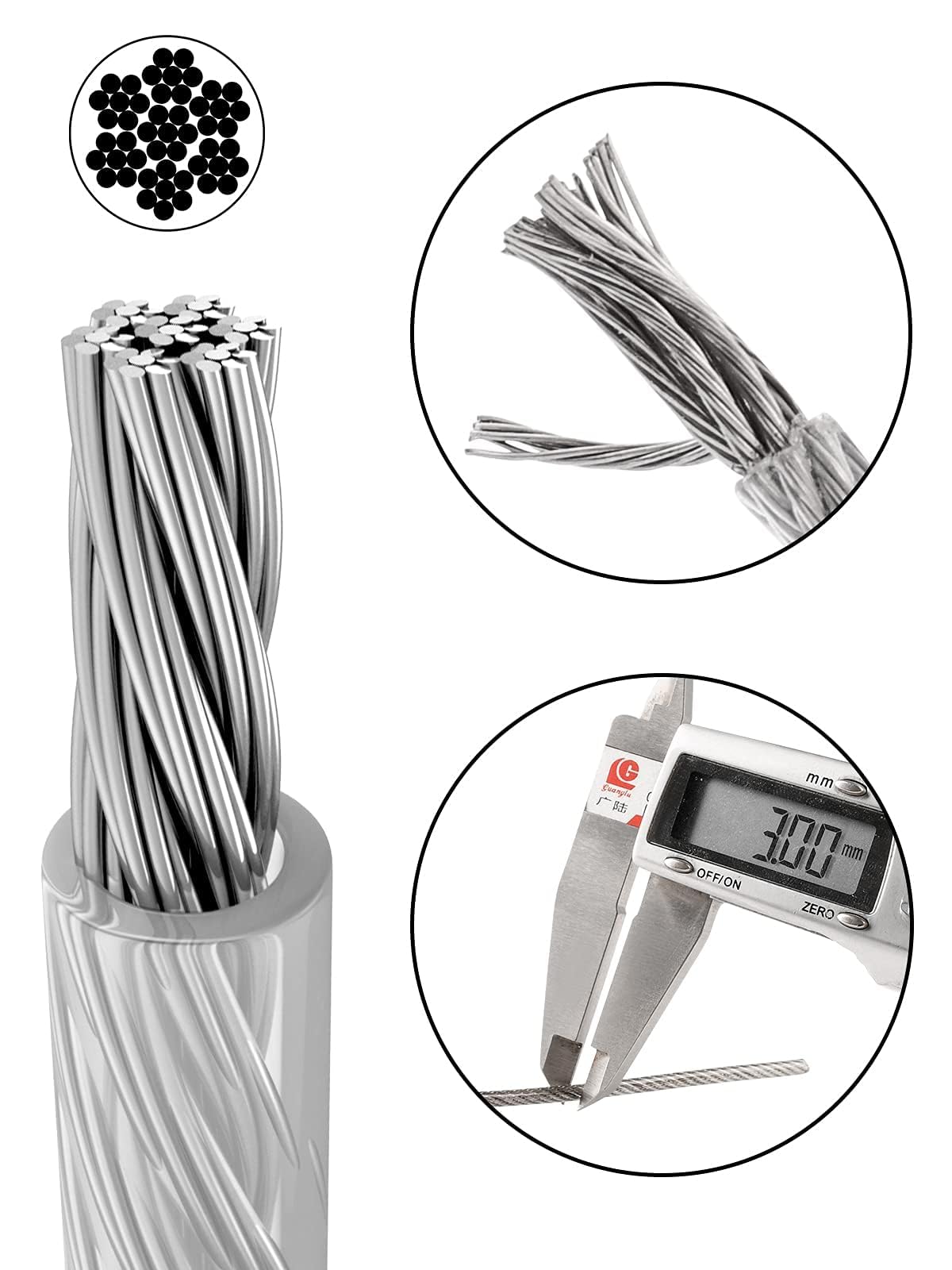 TooTaci 3mm Wire Rope Set for indoor use - 50M PVC coated stainless steel cable with M3 rope end sleeves & carbon steel wire rope clamps - Perfect for hanging, curtain wire, and indoor lighting.