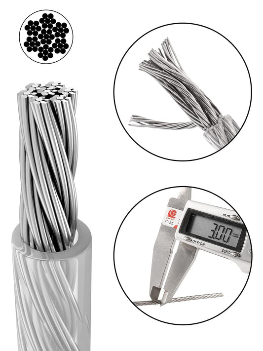 TooTaci 3mm Wire Rope Set for indoor use - 50M PVC coated stainless steel cable with M3 rope end sleeves & carbon steel wire rope clamps - Perfect for hanging, curtain wire, and indoor lighting.