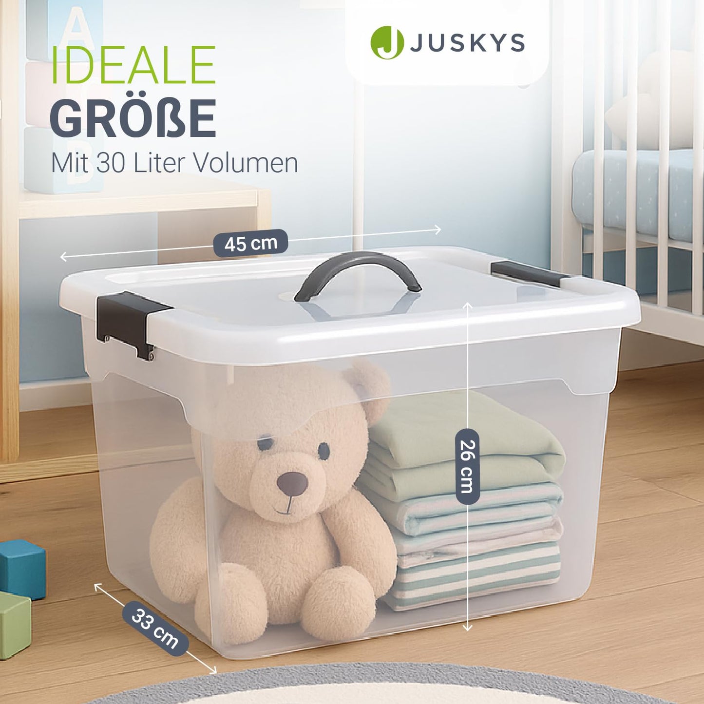 Juskys storage box with lid - 4-piece set plastic boxes 30l - large box, stackable, transparent - storage organization system storage boxes