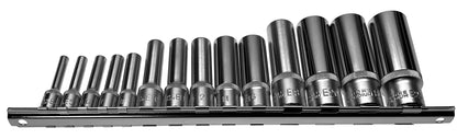 Alkan socket inserts (long/deep) E-profile sockets from E4 to E24 for external Torx screws 1/4", 3/8" and 1/2" drive on socket rail - CV steel socket, 14 pcs.
