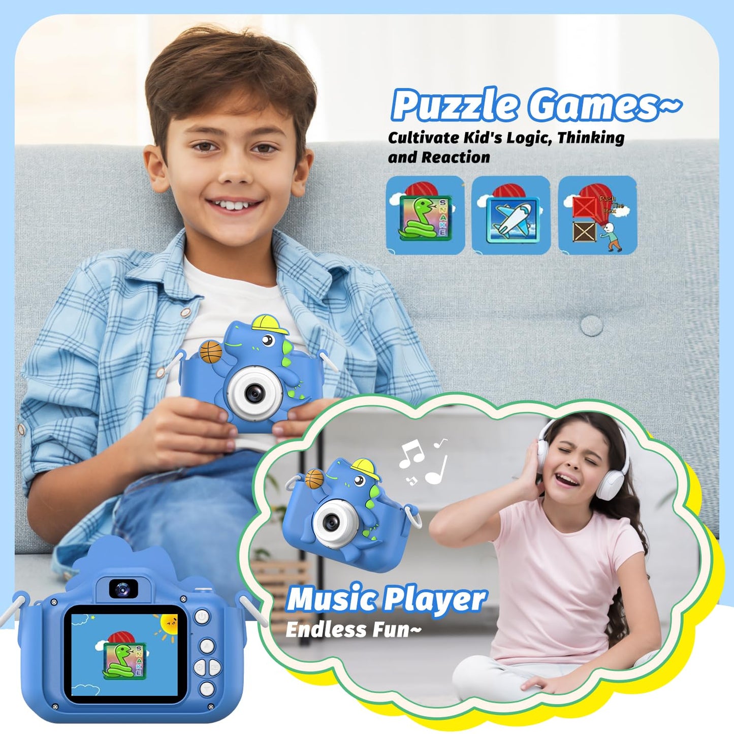 Children's camera, masterbee digital camera dinosaur toy, Christmas/birthday gifts for kids, 1080P HD kids camera, children's toy/gift boy/girl gifts 3-12 years old Blue