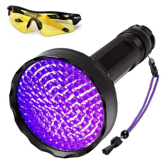Blacklight flashlight, 128 LED UV lamp with UV protective glasses for home pet urine detectors, blacklight lamp 395nm UV light scorpion torch lamp for counterfeit money, urine from dogs, cats.