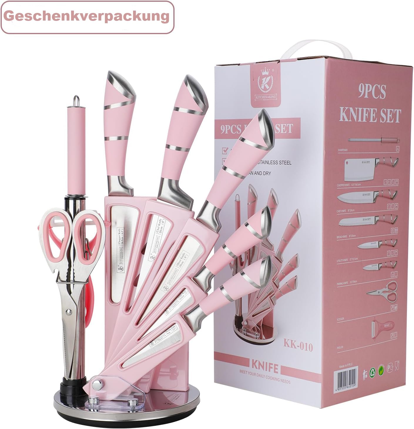 9-piece pink sharp non-stick coated chef knife block set, stainless steel knife set for kitchen with sharpener for slicing, cutting, dicing, chopping (pink)