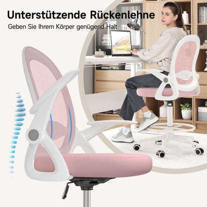 Naspaluro office chair with footrest ring, ergonomic desk chair with breathable mesh, foldable armrests, height adjustable, computer chair, lightweight, 360° swivel chair Pink.