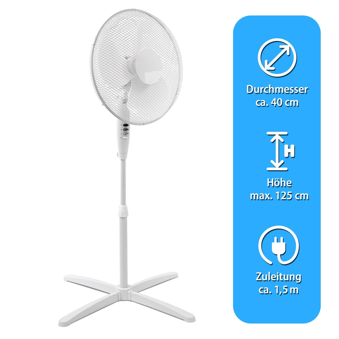 ito electronics ito Pedestal Fan 40 cm diameter white - oscillating + 3 adjustable speeds adjustable height / adjustable tilt angle, 40 x 14 x 125 cm