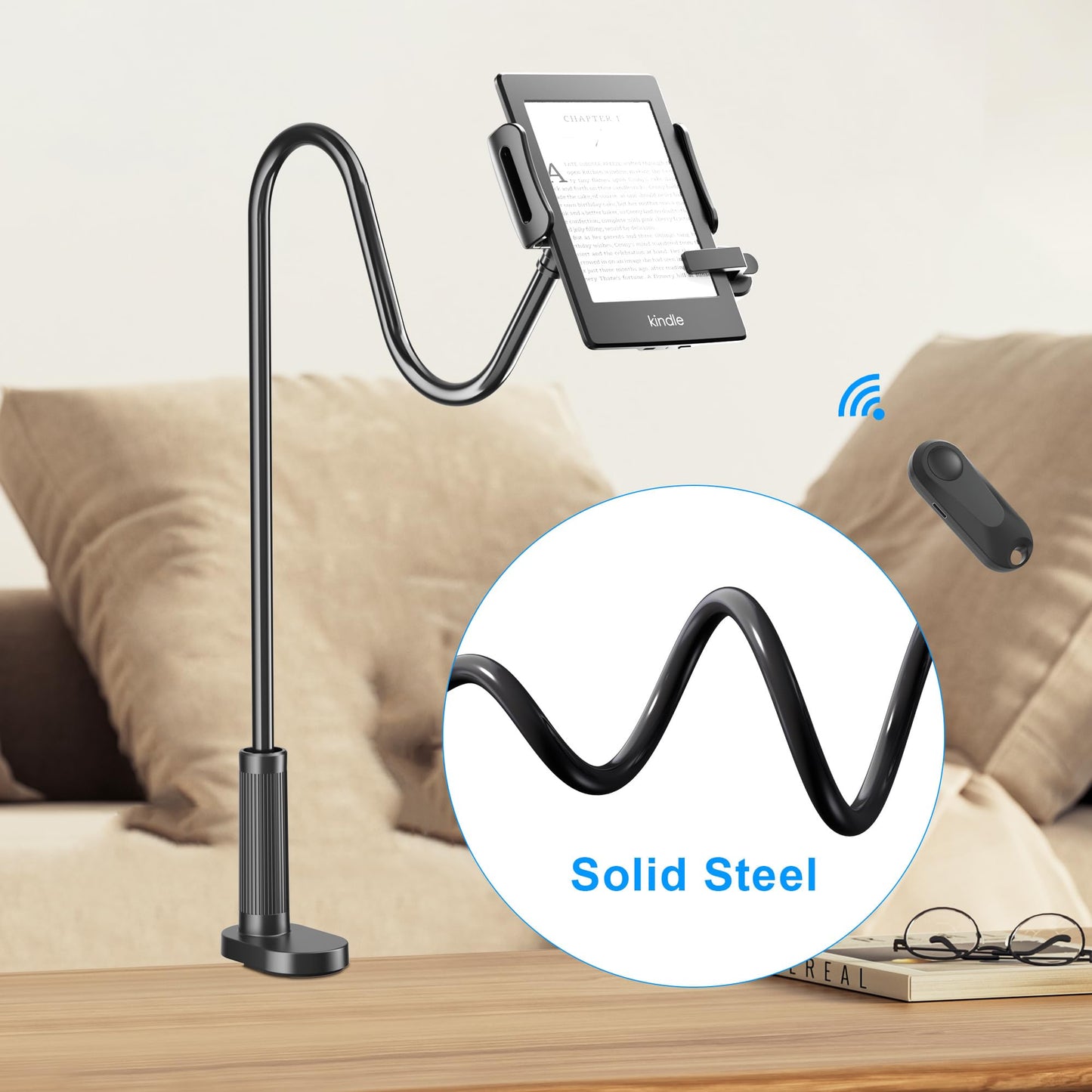 Kefotic swan neck holder for Kindle, for reading in bed, with remote page turner, hands-free desk, nightstand, lazy arm stand for Kindle accessories, gifts for readers.