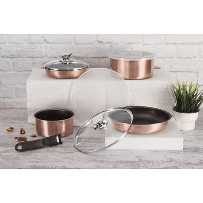 Berlinger Haus Rose Gold Cookware Set, Induction, 9 pieces, detachable handle, interchangeable, non-stick coated, PFOA-free, aluminum, pots and pans, glass lids + airtight, stackable
