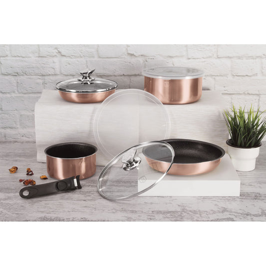 Berlinger Haus Rose Gold Cookware Set, Induction, 9 pieces, detachable handle, interchangeable, non-stick coated, PFOA-free, aluminum, pots and pans, glass lids + airtight, stackable
