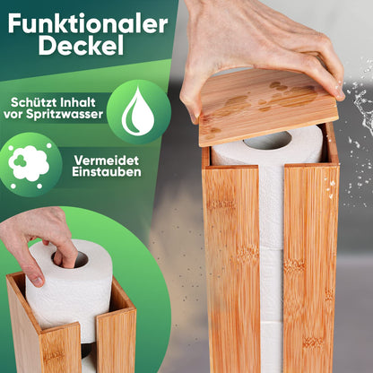 Loco Bird bamboo toilet paper holder - storage for 4 rolls - freestanding toilet paper holder with lid, wooden toilet paper storage, toilet paper roll holder.