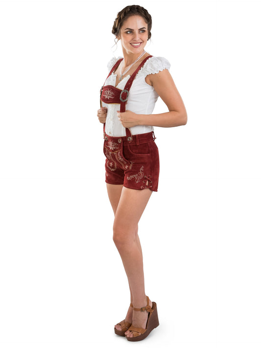 Women's leather shorts - Traditional leather shorts Bergrose - Traditional hot pants with suspenders (30, red)