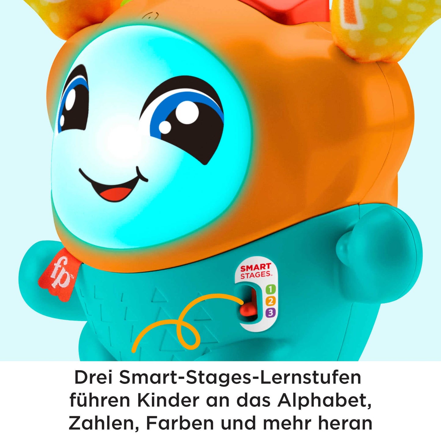 Fisher-Price, DJ Hüpfi, GERMAN Version, interactive learning toy for dancing, moving, and bouncing, with music and suspension, baby toy for children ages 9 months and up, HJP94.