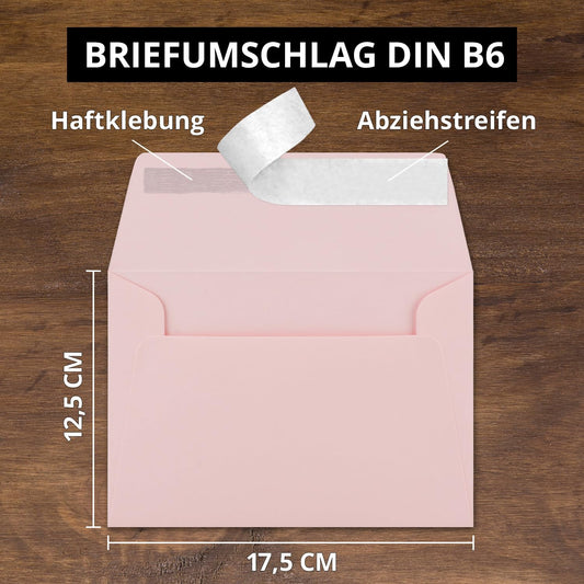 150 B6 pink envelopes - 12.5 x 17.5 cm - self-sealing - 120 g/m² - wide elegant closure flap - high-quality invitation envelopes
