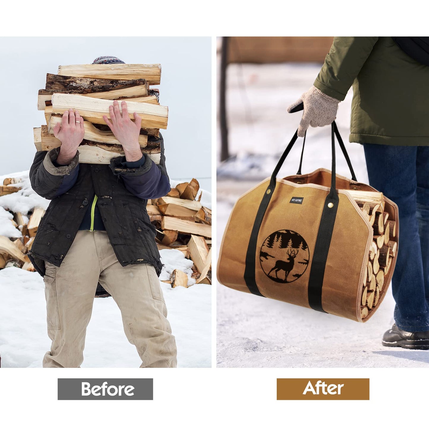 ART-GIFTREE Large waxed linen tote bag with handles, 99 x 45 cm, sturdy wooden holder for fireplace - Reindeer