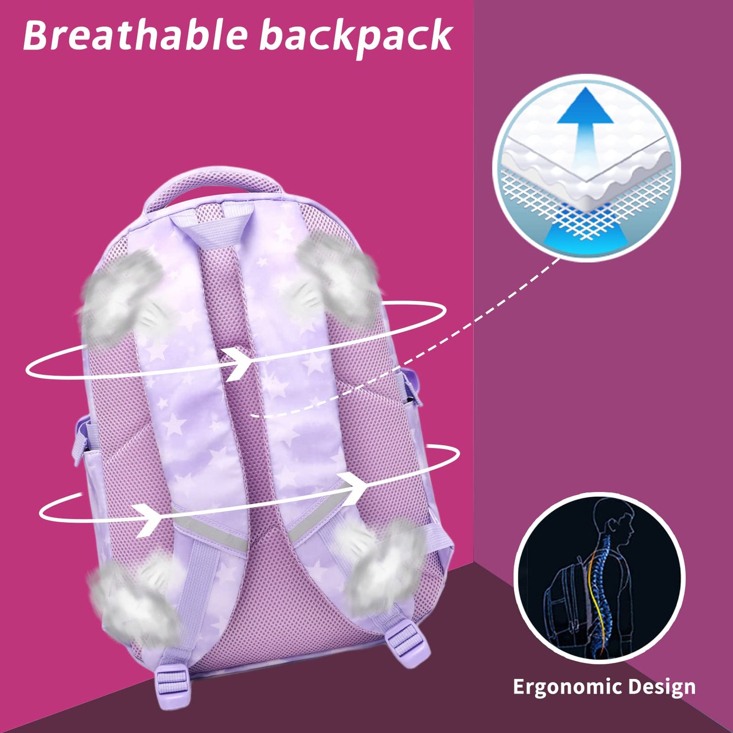 Tanou school backpack for girls 3 pcs with lunch bag pencil case, breathable lightweight school bag for teenage girls 3-9 grade, 22 liters backpack for travel, purple