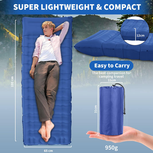 Airminti Camping Self-Inflating Air Mattress: 12cm Thickened Ultralight Outdoor Inflatable Mattress with Foot Press Pump and Pillow for Camping, Beach, and Trekking.