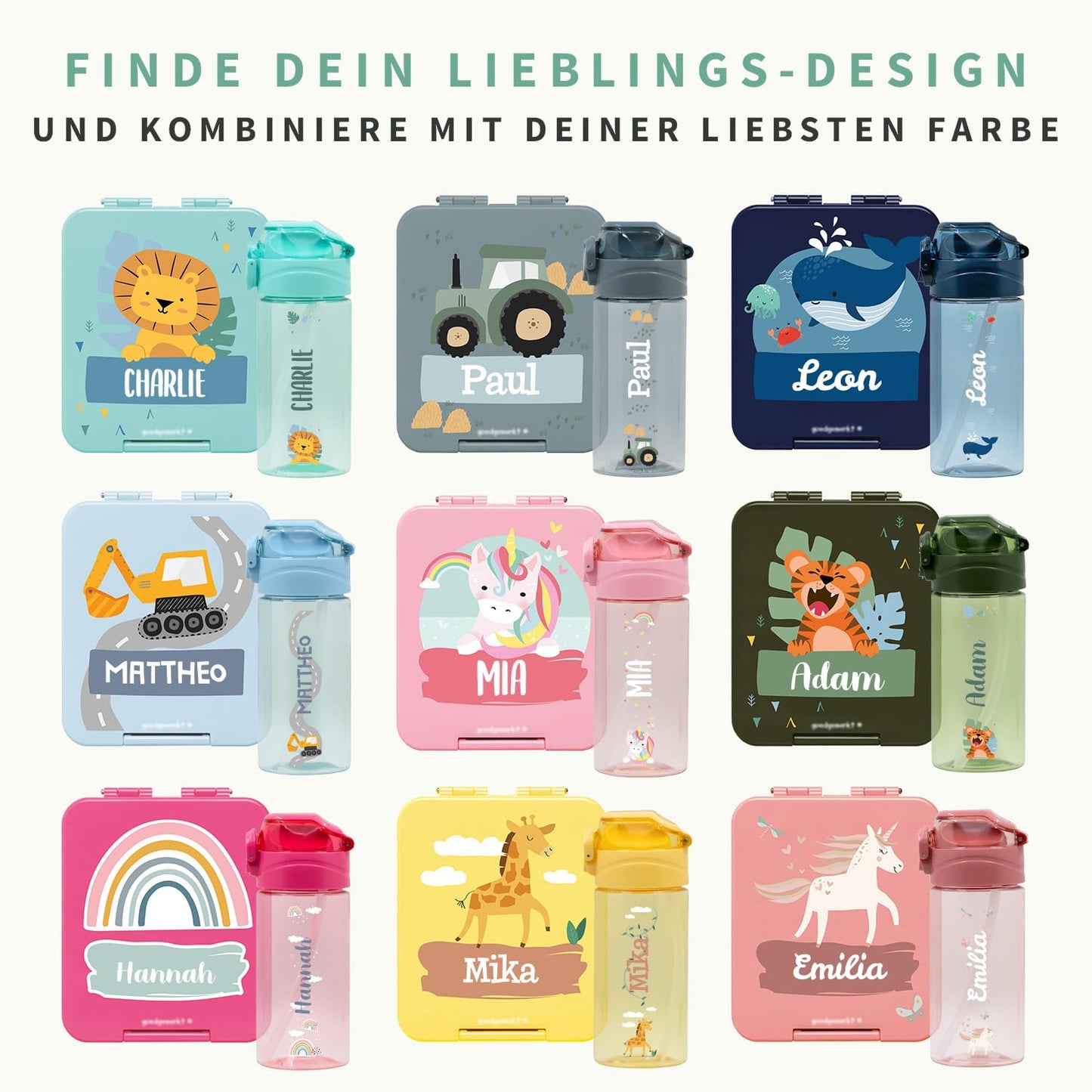 Well-marked - Set with personalized water bottle for kids & personalized plastic lunch box for kids - water bottle with straw and 450ml - 100% BPA-free (Petrol)