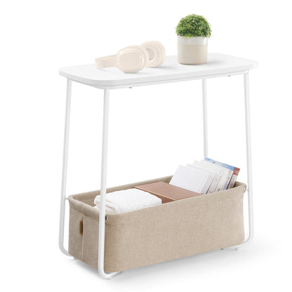 VASAGLE square side table, small table, small coffee table, living room table, fabric basket, storage for living room bedroom, modern bedside table, matte white-camel brown LET230W10