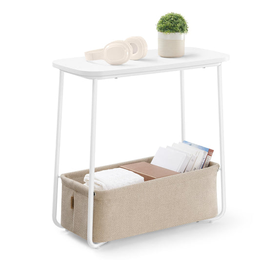 VASAGLE square side table, small table, small coffee table, living room table, fabric basket, storage for living room bedroom, modern bedside table, matte white-camel brown LET230W10
