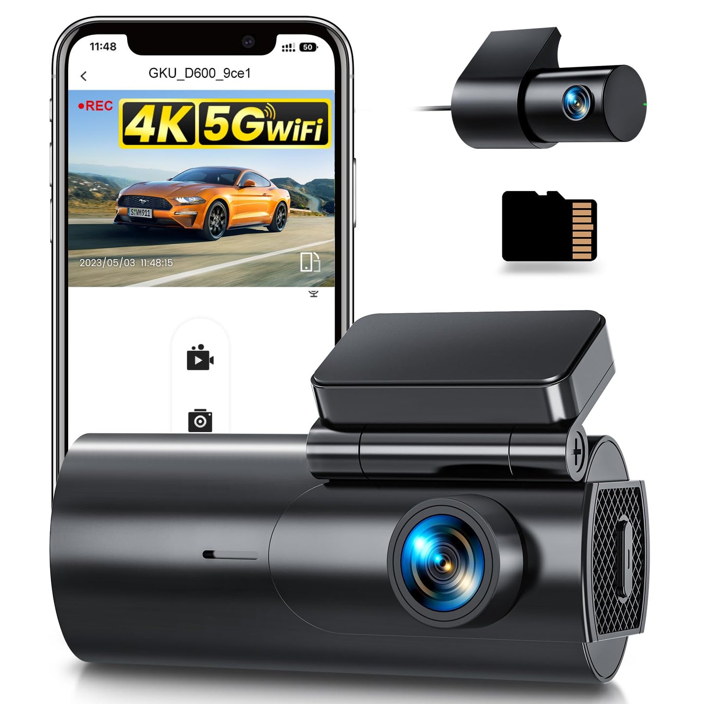 4K+1080P front and rear dash cam with 5GHz WiFi, 64GB SD card, parking monitoring, super night vision, WDR, 170° wide angle, G-sensor, loop recording, APP control, supports up to 256GB.