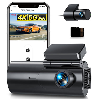 4K+1080P front and rear dash cam with 5GHz WiFi, 64GB SD card, parking monitoring, super night vision, WDR, 170° wide angle, G-sensor, loop recording, APP control, supports up to 256GB.