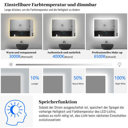 Finmyrs LED bathroom mirror with lighting 100x60 cm Touch switch, Anti-fog Dimmable illuminated Cool White Warm White Horizontal Vertical (39.37x23.62 Inch)