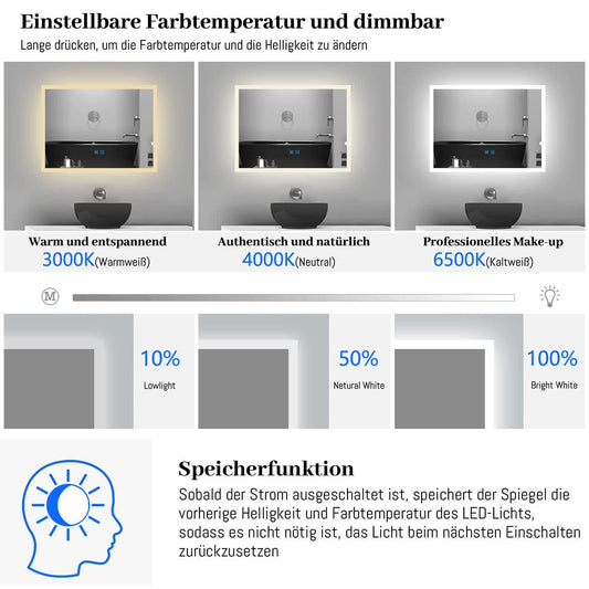 Finmyrs LED bathroom mirror with lighting 100x60 cm Touch switch, Anti-fog Dimmable illuminated Cool White Warm White Horizontal Vertical (39.37x23.62 Inch)