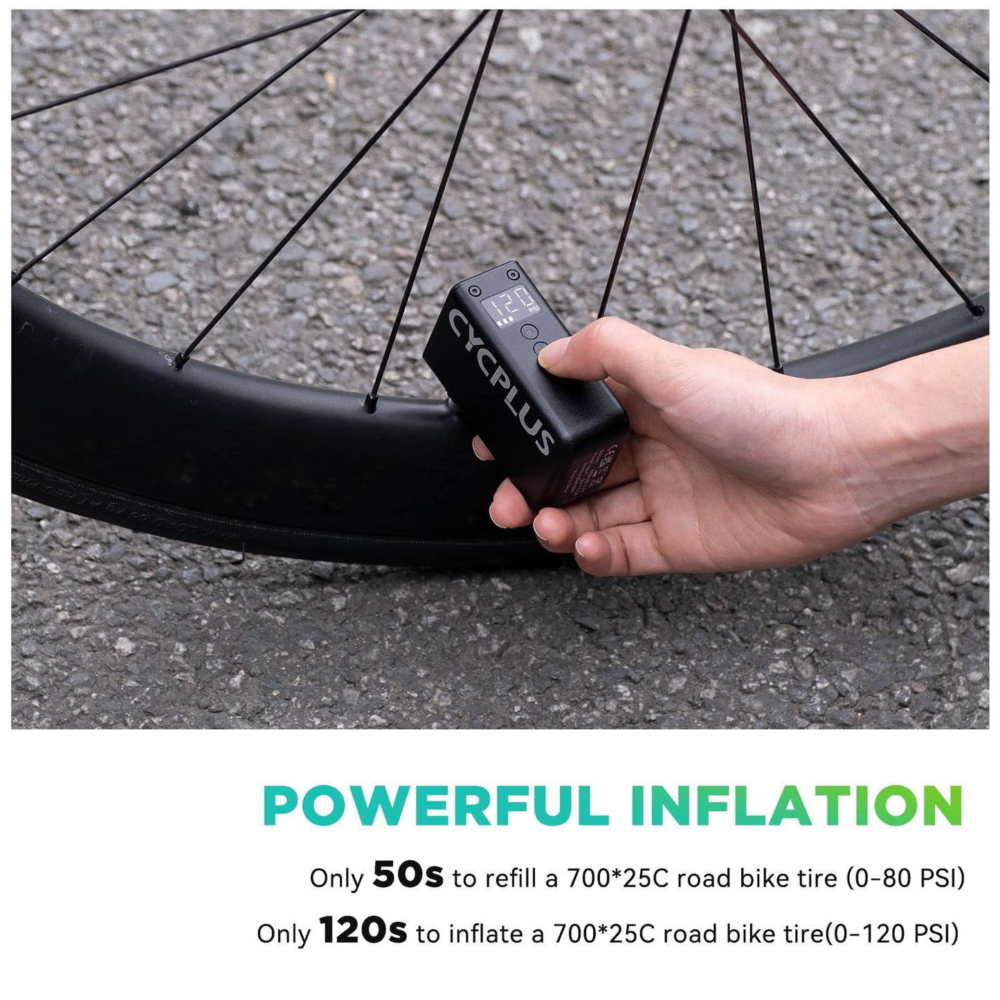 CYCPLUS AS2 PRO Tiny Bike Pump with Gauge, max 120 PSI Electric Bike Pump, automatic shut-off, with Presta and Schrader valve for e-bike, mountain bike, city bike, and road bike (2025 version)