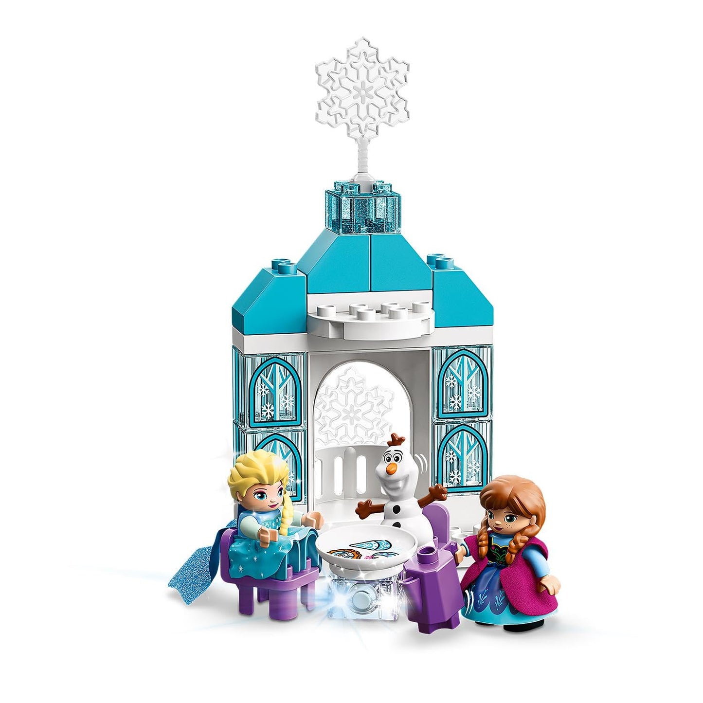 LEGO 10899 DUPLO Princess Frozen Elsa's Ice Palace, building set with light brick, Princess Elsa and Anna mini dolls, and snowman figure, toys for boys and girls aged 2 years and up.