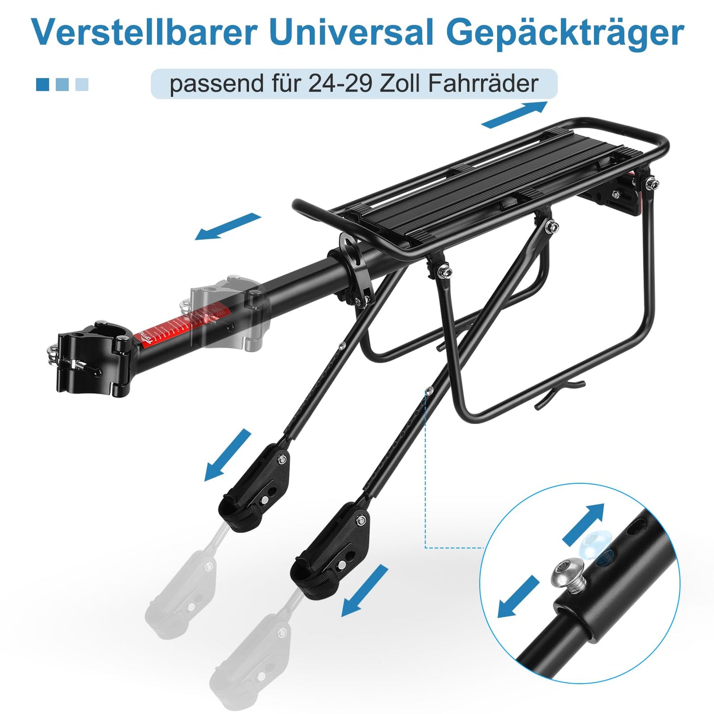Toptrek bike rack for 24-29 inch bike | Universal aluminum alloy rack, carries at least 50 KG | Rear bike rack for MTB, road bike, ebike, gravel bike
