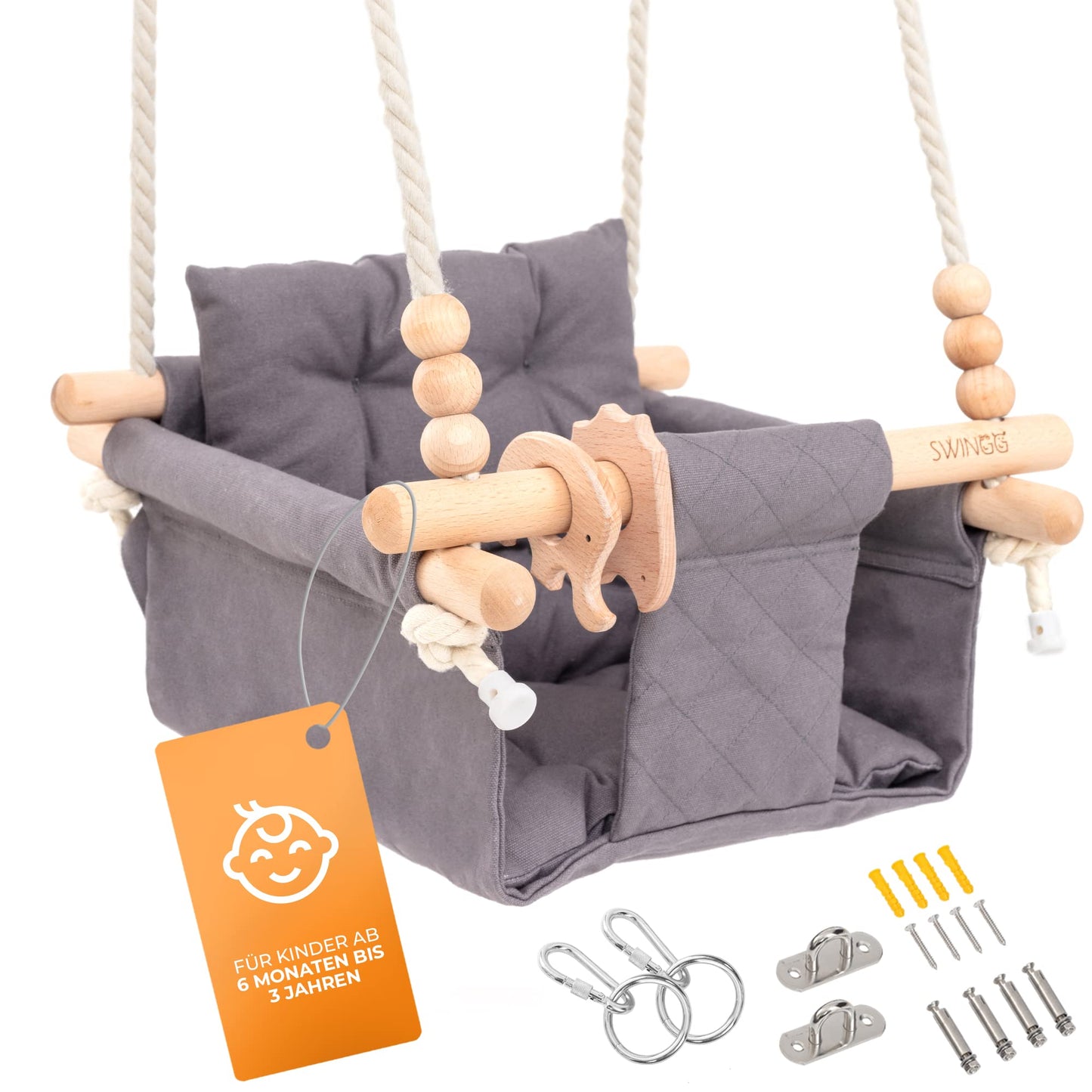 SWINGG® Baby Swing Indoor Outdoor - Comfortable baby swing with safety belt | sturdy mounting set & anti-slip seat cushion | Door frame swing made of wood & cotton, certified for EU.