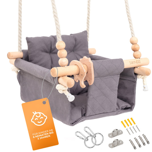 SWINGG® Baby Swing Indoor Outdoor - Comfortable baby swing with safety belt | sturdy mounting set & anti-slip seat cushion | Door frame swing made of wood & cotton, certified for EU.