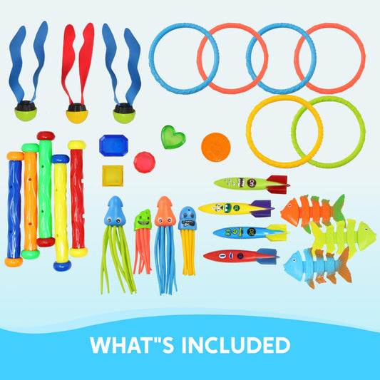 JOYIN 30 Pieces Diving Toys Underwater, Kids Dive Toy Set: 5 Dive Sticks, 6 Dive Rings, 5 Pirate Treasures, 4 Toypedo Bandits, 3 Algae Toys, 3 Fish Toys, 4 Octopus