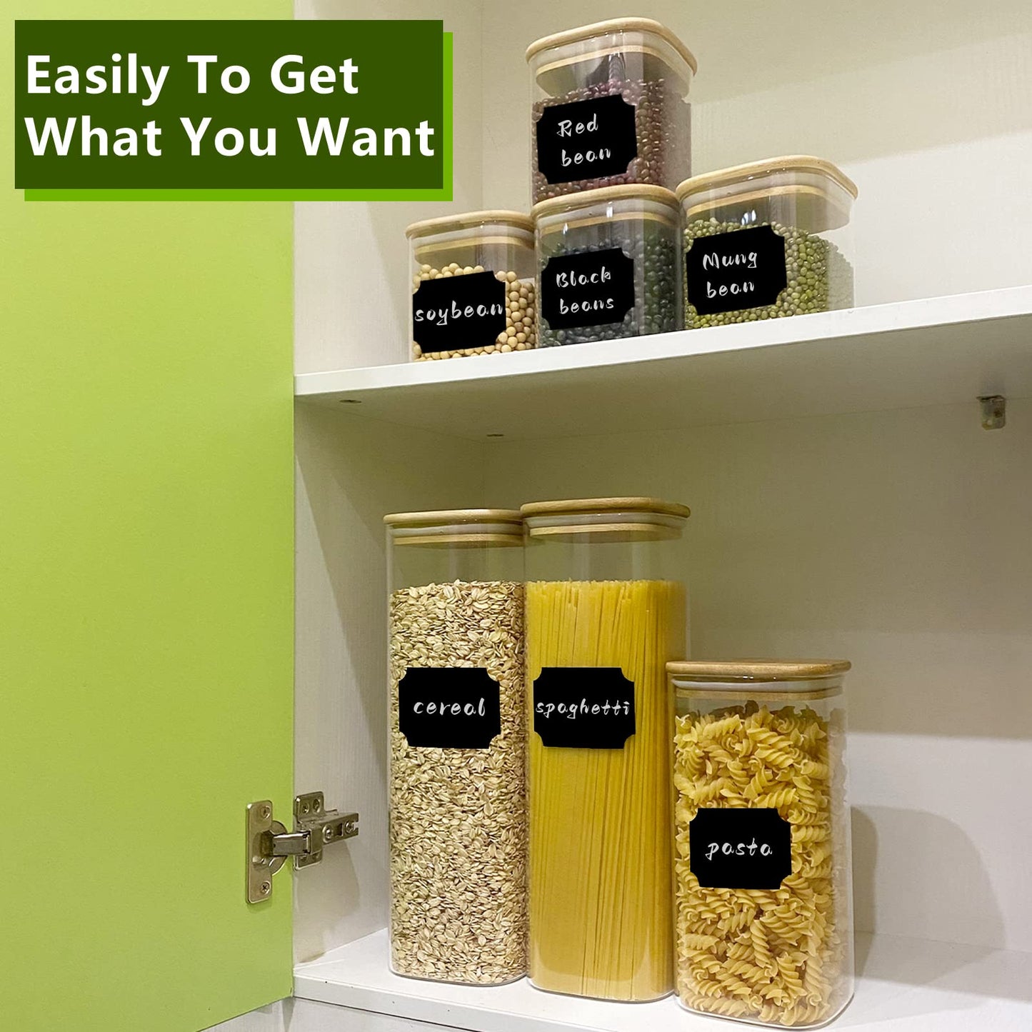 Withosent glass storage containers 7-piece set, 750ml/1500ml/2400ml storage jars with square lids, large glass container with wooden lid, kitchen storage jars for spaghetti, cereal, beans.