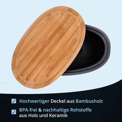 KHG Bread box large ceramic stoneware gray charcoal, wooden lid bamboo as cutting board, bread storage with matte & polished surface with labeling & ventilation holes