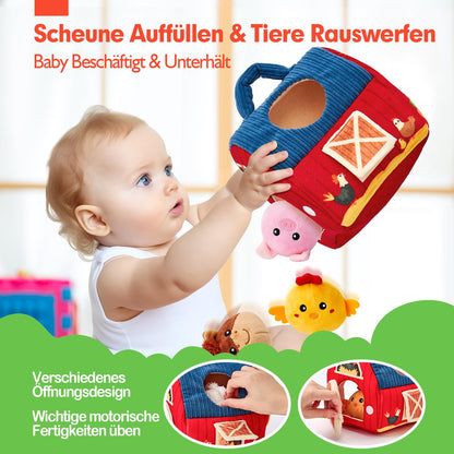 hahaland Baby Toys 6-12 Months - Farm Original Montessori Sensory Toy with Barn · 6 Animal Rattles & Mirror · Kids Motor Skills Toy 1-3 Years · Christmas and Easter Gift