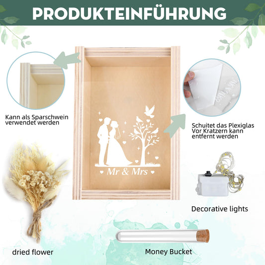Wedding gifts for couples, wooden wedding gift money box including dried flowers, wooden box, plastic test tube, fairy lights, wedding day, wedding gift money.