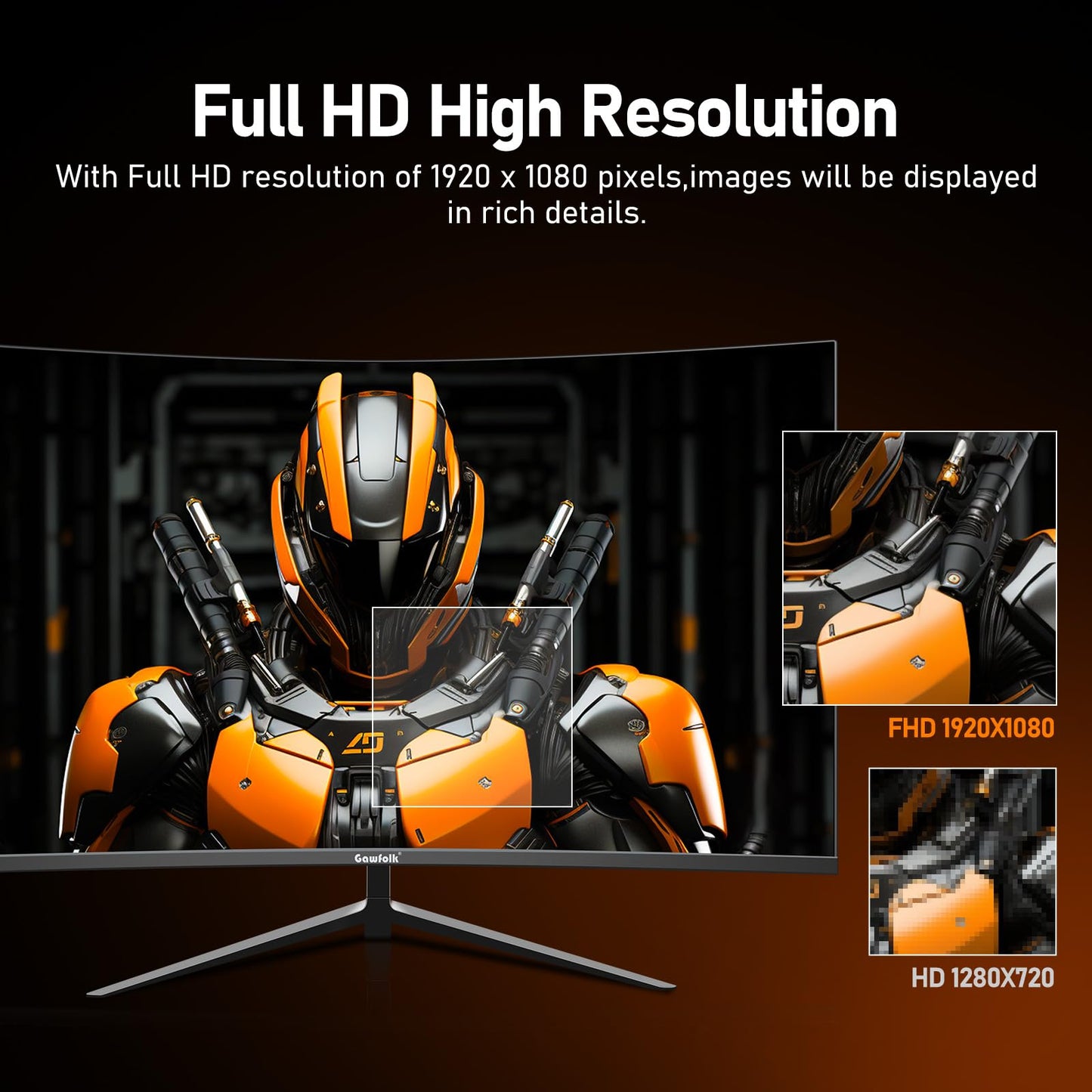 Gawfolk 27-inch curved monitor with 100Hz refresh rate, built-in speakers, 1080P resolution, 1800R curvature, 75Hz computer screen with Eye Care technology. Features HDMI and DP ports, VESA compatible.