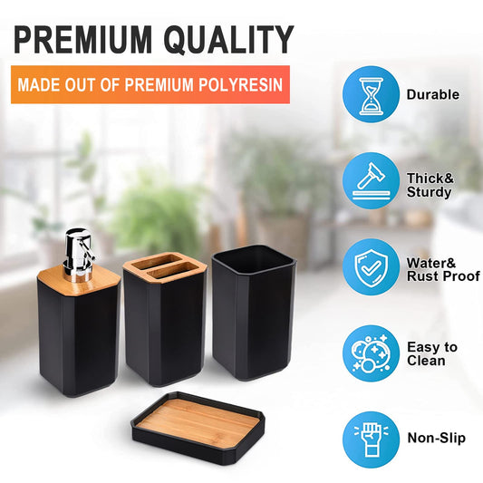 Serlium 7-Piece Bathroom Accessory Set, Bamboo ABS Toothbrush Cup Set, Soap Dispenser Set with Lotion Pump, Trash Can, Toothbrush Holder, Toilet Brush, and Soap Dish for Home Hotel